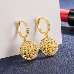 14K Gold Hollow Stud Earrings Female Mesh Ear Buckle Round Aros Mujer Oreja Orecchini Bizuteria 14 K Yellow Earring box 240228