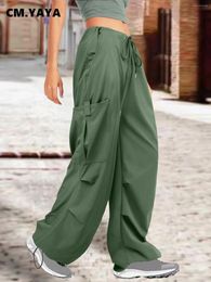 Women's Pants CM. Women Fashoin Pocket Side Drawstring Waist Ruched Straight Cargo 2024 Female Streetwear Active Safari