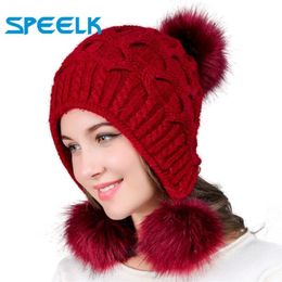 Beanie Skull Caps Women Hats Autumn Winter Wool Beanies Hat Three Hair Ball Back Open Knit Double Thick Fur Bonnet Beanie Cap284N
