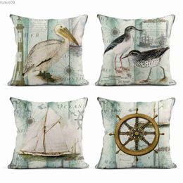 Chair Covers Seabird rudder sailing boat painting printing linen pillowcase sofa cushion cover home decoration can be customized for you40x40