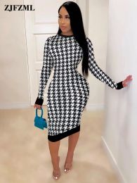 Dress Houndstooth Print Vintage Slim Fit Midi Dress Women Sexy O Neck Long Sleeve Package Hip Dress Korean Style Club Party Robe Femme