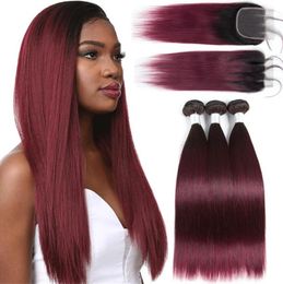 Percolored Brazilian Straight Hair 3 Bundles with Closure T1B99J 1bburgundy Human Hair Extensions Ombre Nonremy Hair Weave Bund3055483