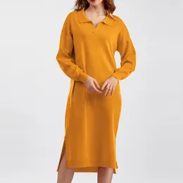 Casual Dresses Women's Long Skirt Dress V Neck Sleeve Knit Loose Clothing Plus-size Solid Colour Women Maxi Robe