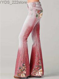 Jeans Spring New Jeans Gradient Flower Print Imitation Denim Bell Bottoms High Waist Long Plus Size Trousers H0908 240304