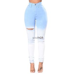 Women's Jeans Autumn Jeans Blue and White Gradient Colour Waist Feet Tight Bag Hip Trousers 240304