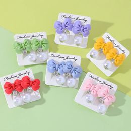 Kids Ear Clip Korean Style Sweet Colourful Bowknot No Piercing Earring for Baby Girls Pearl Dangle Ring Children Jewellery 240226