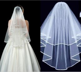 Setwell white ivory twolayer satin ribbon veil edge short tulle wedding dress with comb for women3436362