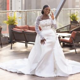 Vintage African Mermaid Wedding Dresses with Detachable Train Sheer Long Sleeve Appliques Beads Ruched Long Bridal Gowns