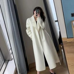 Blends Elegant Midi Wool Blends Coat Women Korean Thicken Long Bandage Jackets Oversized Lace Up Outwear White Cardigan Woollen Overcoat