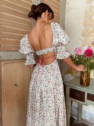 Party Dresses BOHO Square Collar Flower Print Front Hem Slit Swing Midi Big Backless Dress Woman Elastic Puff Sleeve Holiday Robe