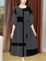 Dress Women Black Striped Loose Waist Long Dress Spring Summer Korean Luxury Party Dresses 2023 New Dresses for Elegant 40 Year Ladies