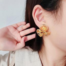 Hoop Earrings AENSOA Unique French Metallic Hollow Out Triple Flower Drop For Women Oversized Female Gold Silver Color Metal