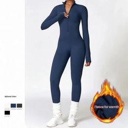 Winter Fleece Womens Onepiece Yoga Pants Longsleeved Warm ski Overalls Outerwear High Elastic Cycling Bodybuilding Bodysuit 240220