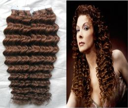 Tape in hait extensions 4 Dark Brown Brazilian PU Skin Weft Tape Hair Deep Wave 100 Human Hair Extensions 100G 40PCS1602482