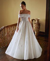 Princess Women Glitter Wedding Gowns Off The Shoulder 2024 Vestido Luxury Crystal Beach Bridal Dresses Boat Neck Vestidos De Novia