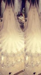 2022 Real Image Bling Crystal Cathedral Bridal Veil Luxury Long Lace Applique Beaded Custom White Ivory High Quality Wedding Veils7404197
