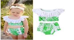 Girl Leaves Print Swimsuit Baby Lotus Neck Swimwear Two Pieces Kids Summer Bikini Sets Baby Clothes CN G0233989414