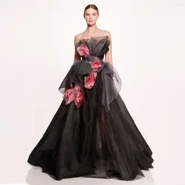 Casual Dresses 2024 Couture Black Organza Formal Dress Strapless 3D Rosette Long Prom Party With Liner Handmade Vestidos De Fiesta