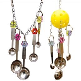 Toys Parrot Toy Metal Spoons Swing Bell Hanging Climb Toy Cockatiel Parakeet African Grey Bites Chew Sound Toys Bird Cage Accessories