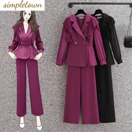 Ruffle Edge Pleated Chiffon Shirt Jacket Casual Wide Leg Pants Twopiece Elegant Womens Set Office Professional Outfits 240226