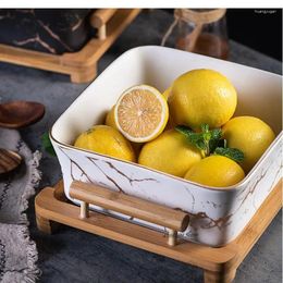 Plates Golden Marble Dessert Snack Fruit Plate Home Square Vegetable Salad Bowl Wooden Tray Kitchen Dining Tableware