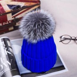 15cm Ball Women Winter Warm Caps Hats Female Ladies Cute Knitted Hats with Real Fur PomPom Ball Kids Boys Grils Warm Beanies2605