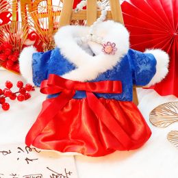 Dresses Fur Collar Dress Dog Clothes Bow Hanbok Dog Clothing Cat Winter Warm Korean Fashion Costume Spring Festival Party Pet Products