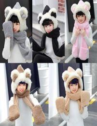 Unisex Girls Beanies Cap Set Baby Kids 3PCS Cute Ear Bow Scarf Hat Glove Sets Flannel Children Winter Warm Scarfs And Shawl8765061