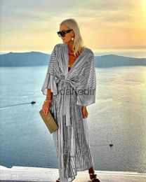 Basic Casual Dresses Casual Dresses Sequin Patchwork Women Kimono Cardigan Summer Batwing Sleeve Maxi Long Party Dress Elegant V-neck 240304