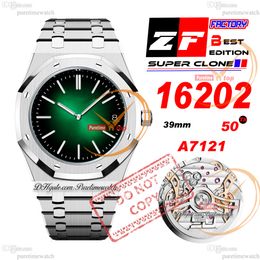 16202 Jumbo Extra-Thin A7121 Automatic Mens Watch ZF 39mm 50th Anniversary Green Sunburst Tapisserie Dial Stainless Steel Bracelet Super Edition Puretimewatch