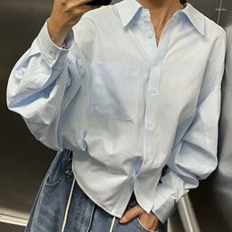 Women's Blouses Spring 2024 Women Blue Striped Short Shirt Blouse Sexy Backless Lapel Streetwear Ladies Shirts Batwing Sleeve Blusas Mujer