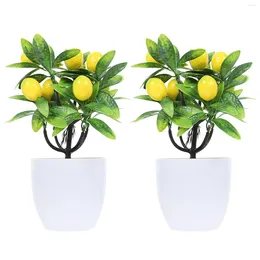 Decorative Flowers 2 Pcs Artificial Green Plants Wedding Decorations Mini Bonsai Tree Faux Small For Kitchen Fake Plastic Office