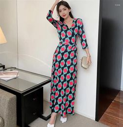 Casual Dresses Women Geometric Print Elegant A-LINE Maxi Dress Vestido Robe Ete Femme 3/4 Sleeve Wrap V Neck Split Long Beachwear