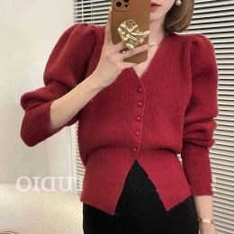 Cardigans French VNeck Red Knitted Cardigan Coat Women Autumn Winter 2023 New Casual Fashion Puffed Sleeve Short Thicken Warm Sweater