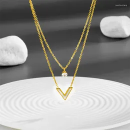 Pendants Double Layer V Letter Titanium Steel Necklace Chain With Zircon 18K Gold Plated Waterproof Anti Allergy Jewellery For Women Girls