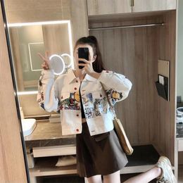 Ladies Jacket Jean White Printed Denim Jacket Short Women Personalized Graffiti Jean Student Coat 240301