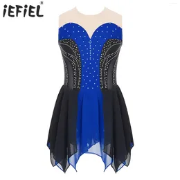 Stage Wear Kids Girls Glittery Rhinestone Ballet Lyrical Dance Dresses Keyhole Back Irregular Hem Gymnatics Figure Skating Dress Dancewear