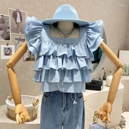 Women's Blouses Blusas Mujer De Moda 2024 Summer Crop Tanks Top Ruffled Doll Shirts Solid Flying Sleeve Chemise Femme Women White