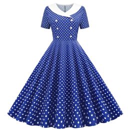 Dress Blue Polka Dot Printed Vintage Dresses Women 2024 Summer Robe Retro 50s 60s Swing Rockabilly Party Office Dress Ladies Vestidos