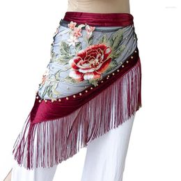 Stage Wear Embroidery Belly Dance Clothes Velvet Fabric Fringes Triangle Belt Tribal Flowers Hip Scarf Sheer Mesh Sequins Tassel Wrap