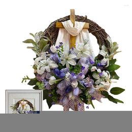 Decorative Flowers Easter Wreath Door Hanging Decoration With Cross Bouquet Tulip Rustic Spring Ornaments Simulation Plant Flower