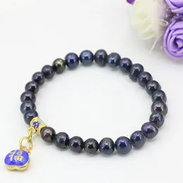 Link Bracelets Charms Natural Black Freshwater Pearl Beads For Women Gold-Color Cloisonne 7-8mm Bangle Weddings Jewellery 7.5inch B3118