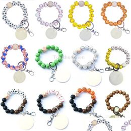 Party Favour 12 Style Unique Stylish Wooden Beaded Bracelet Keychain Pendant Sports Ball Soccer Baseball Basketball Bangle Wristlet W Dhjah