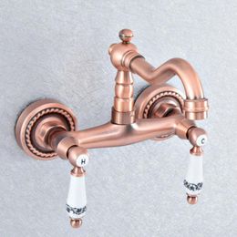 Bathroom Sink Faucets Antique Red Copper Dual Handles Kitchen Wall Mounted Swivel Spout Two Holes Mixer Taps Nsf891