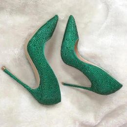 Dress Shoes Women Green Rhinestone Stiletto Heel Pumps Pointed Toe Shallow Wedding Party 12cm Crystal Celebrating