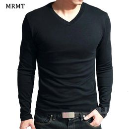 2024 Elastic Mens T-Shirt V-Neck Long Sleeve Men T Shirt For Male T-Shirts Man Clothing TShirt Brand Tees 240304