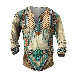 Ethnic Vintage Mens Tshirt Cotton Tee Tribal Graphic T Shirts Print Long Sleeve Tees Henley Oversized Men Clothing Tops 240226