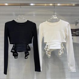 Women's T Shirts PREPOMP 2024 Spring Arrival Long Sleeve Round Neck Metal Bandage Slim Waist Shirt Women GP395