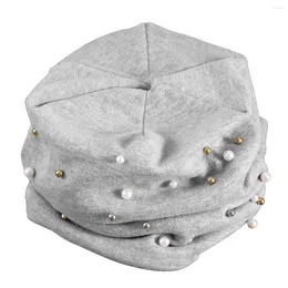 Berets All-match Warm Beanie Hat Casual Polyester Shine Pearls Hats For Women Female (Gray)