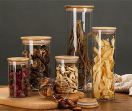 Wood Lid Glass jar Airtight Canister with Spoon Food Container Tea Coffee Beans Kitchen Storage Bottles Spices Round Storage Jar